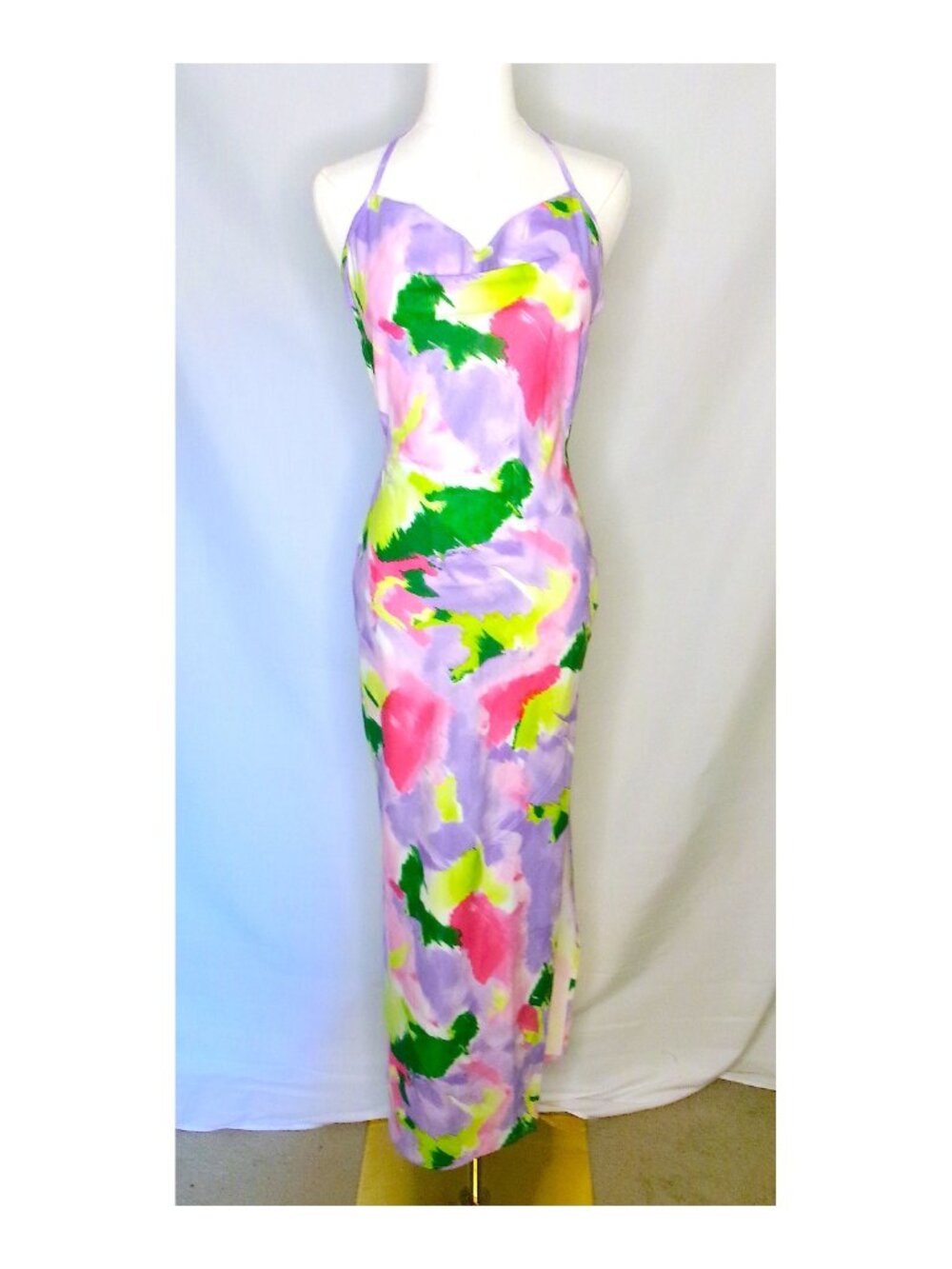 HYFVE Y2K Abstract Floral Halter Maxi Dress Open Back Slit Multicolor Vacation
